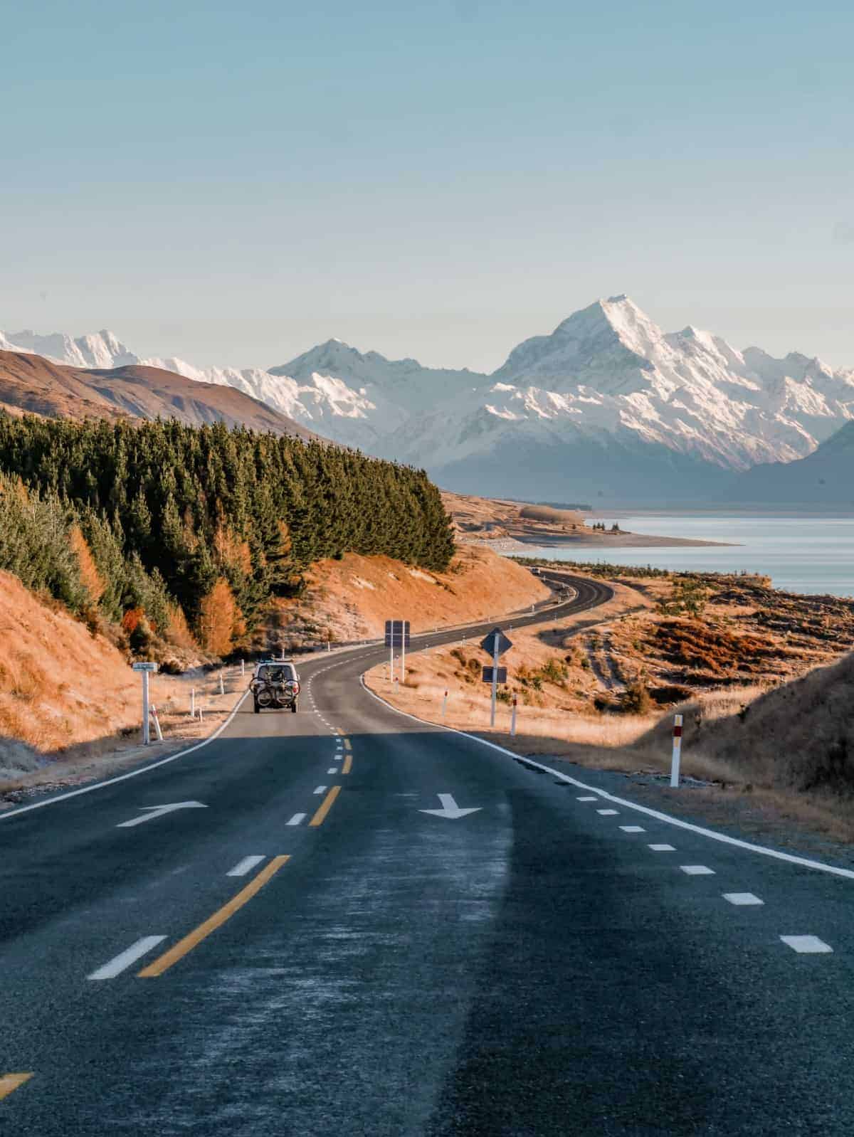 Straße in neuseeländischer Landschaft mit dem Mount Cook im Hintergrund